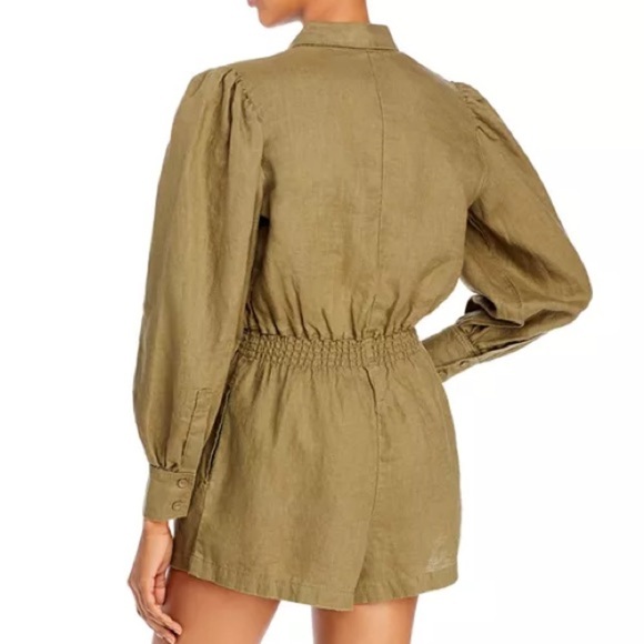 WeWoreWhat Linen Smocked-Waist Puff-Sleeve Romper Olive Green Size XS - Picture 2 of 10